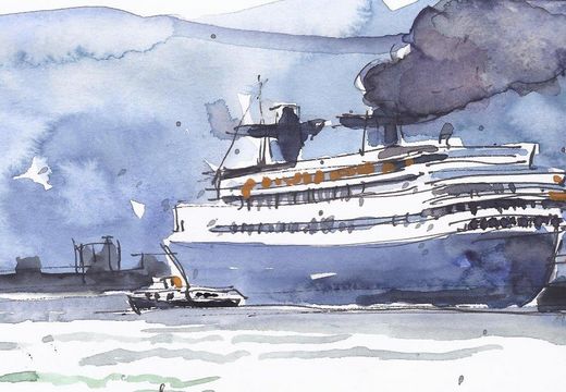 Urban Sketching-Skizze Kreuzfahrtschiff im Hamburger Hafen